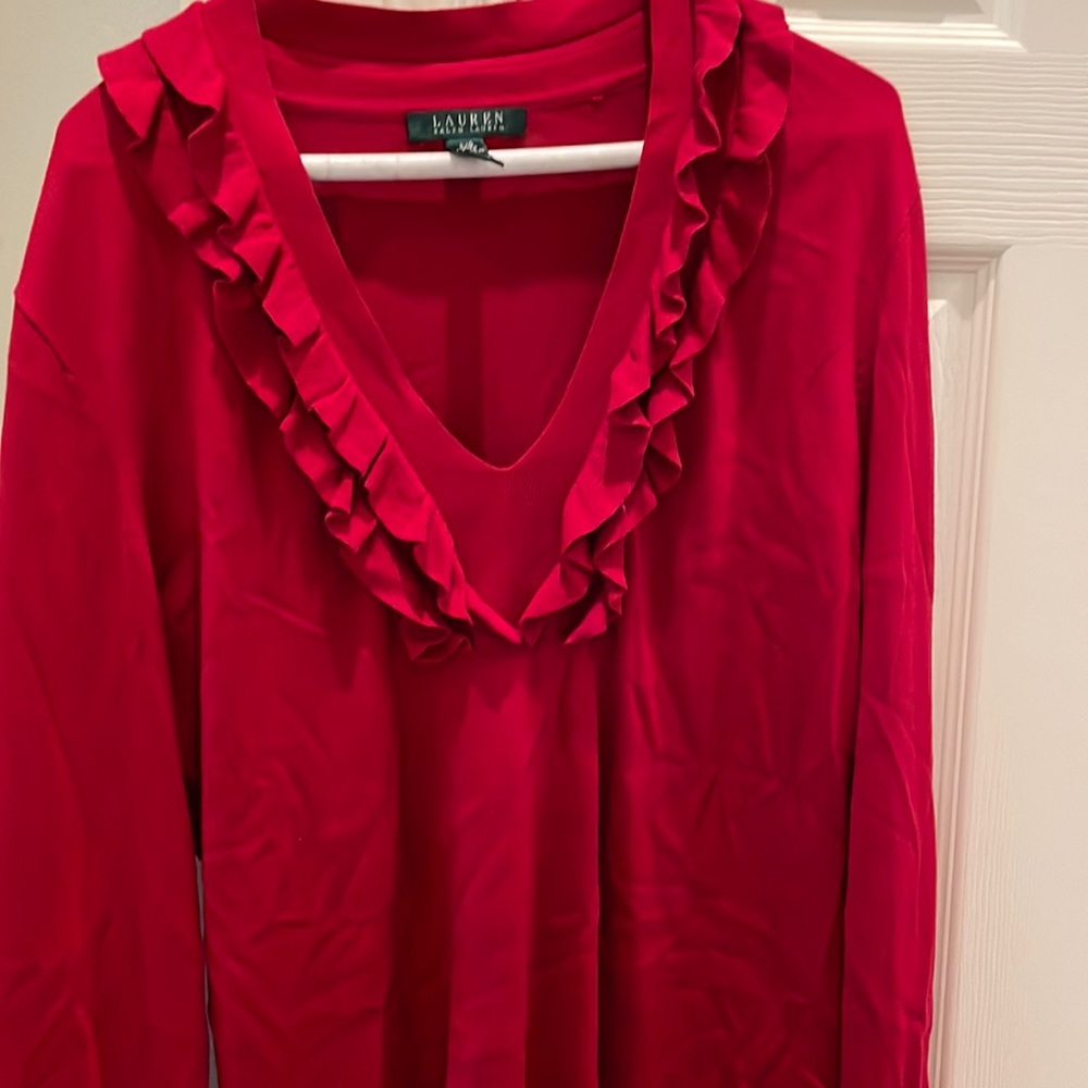 Bright red lightweight sweater with ruffle